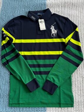 Polo Ralph Lauren Navy, Green & Neon Yellow Striped U.S Open Rugby Shirt